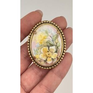 Vintage Porcelain Floral Brooch Gold Tone Oval Hand Painted Flowers